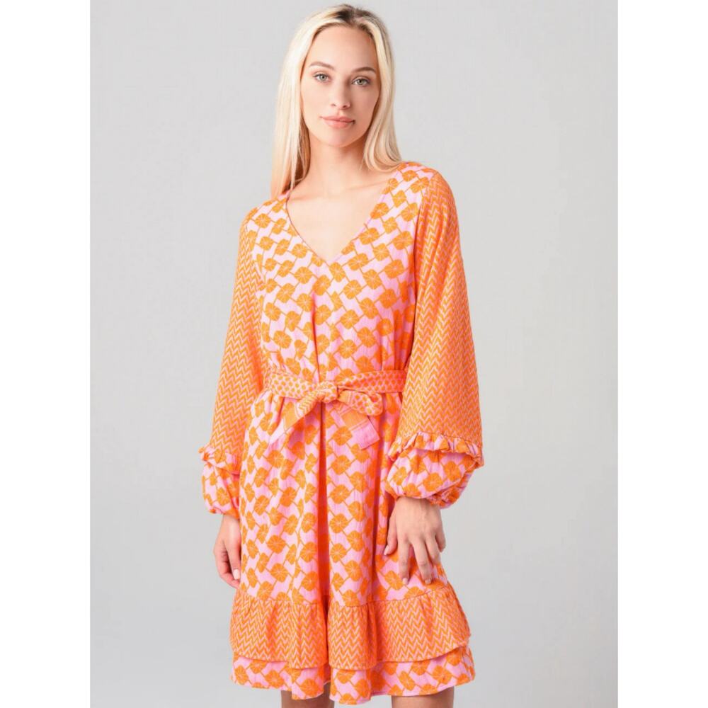 CECILIE COPENHAGEN Liv Dress V Neck Balloon Sleeve Ruffle Tie Orange L Resort